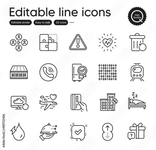 Set of Business outline icons. Contains icons as Train, Call center and Secret gift elements. Sleep, Video conference, Heartbeat web signs. Hydroelectricity, Recovery trash. Outline train icon. Vector