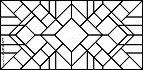 Vector sketch of a stained glass window. Vintage pattern. Abstract stained glass background. Art Deco decor for interior. Luxury modern interior. Template for design. Fence. Iron railing.
