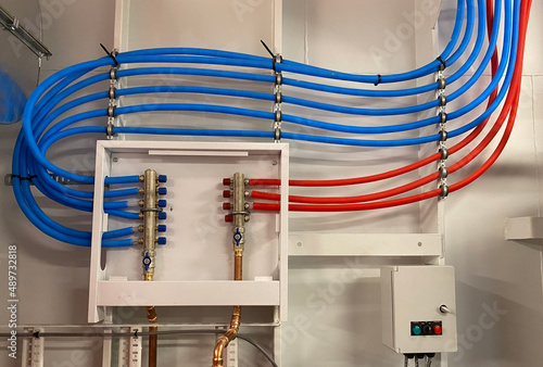 cold water hot water distribution line in a ship engine room
