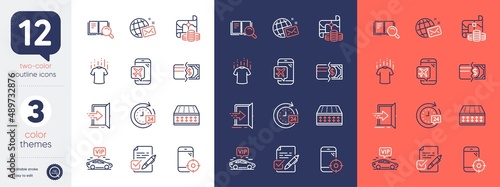 Set of World mail, Payment methods and Voting ballot line icons. Include Search book, Dry t-shirt, Treasure map icons. Vip transfer, Entrance, 24h delivery web elements. Bicolor outline icon. Vector