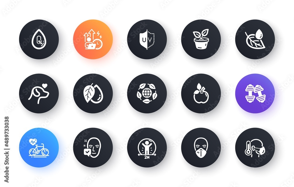 Minimal set of Mineral oil, Eco food and Dumbbells flat icons for web development. Difficult stress, Eco organic, Social distance icons. No alcohol, Medical mask, Leaves web elements. Vector Minimal set of Mineral oil, Eco food and Dumbbells flat icons for web development. Difficult stress, Eco organic, Social distance icons. No alcohol, Medical mask, Leaves web elements. Vector