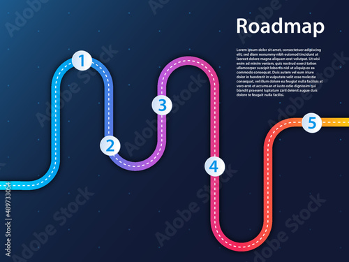 Roadmap infographic as configurable presentation template in dark design. Winding road with milestones.