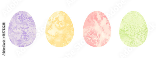 Painted watercolor Easter eggs set, paschal vector illustrations collection. Salt stains patterns. Purple, yellow watercolor egg shape backgrounds, text frames. Greeting card hand drawn templates.