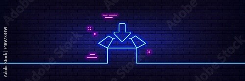 Neon light glow effect. Get box line icon. Open delivery parcel sign. Cargo package symbol. 3d line neon glow icon. Brick wall banner. Get box outline. Vector