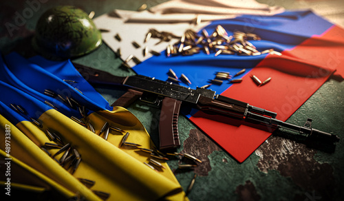 War on Ukraine with Russia - 3d render concept with ak47 rifle and Ukraine and the Russian flag. photo