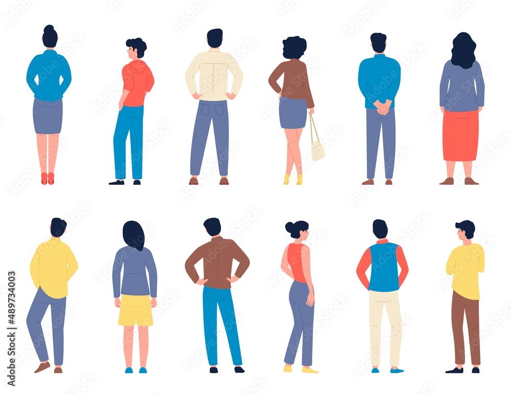 Back stand people. Friends or business characters, person look forward. Backside view of men and women, isolated waiting group, recent vector set