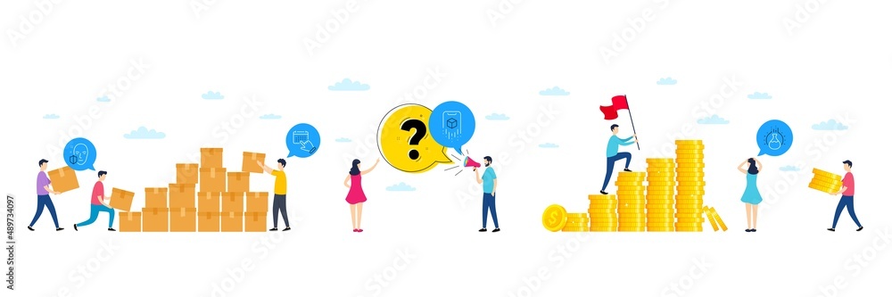 Set of Augmented reality, Event click and Face protection line icons. People characters with delivery parcel, money coins. Include Chemistry experiment icons. For web, application. Vector Set of Augmented reality, Event click and Face protection line icons. People characters with delivery parcel, money coins. Include Chemistry experiment icons. For web, application. Vector
