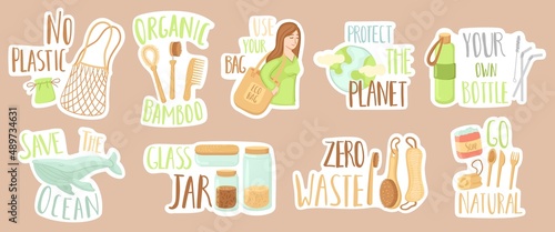 Zero waste stickers. Bamboo kitchen items, ocean and earth clean. Reusable elements and sorting garbage, save environment. Eco consumption neat vector badges