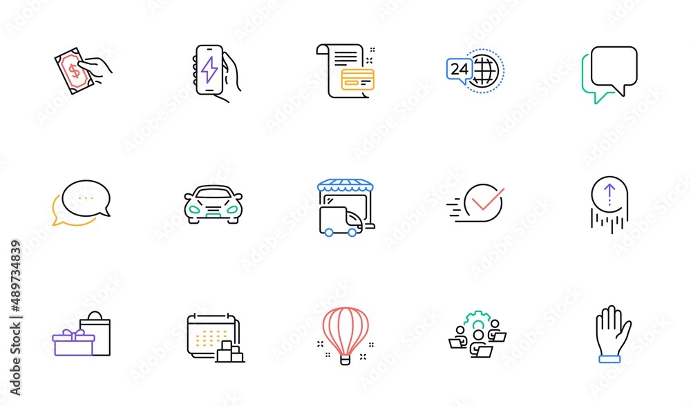Teamwork, Car and Dots message line icons for website, printing. Collection of Checkbox, Swipe up, Delivery truck icons. Pay money, Charging app, Gifts web elements. Delivery. Vector
