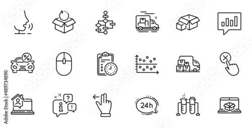 Outline set of Reject click, Packing boxes and Delivery truck line icons for web application. Talk, information, delivery truck outline icon. Vector