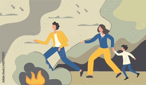People are fleeing the bombings. Mom, dad and son. Military operations in Ukraine. Explosions, bombs, fires. The concept of the threat of war, danger, destruction of people. Vector flat.Banner, poster