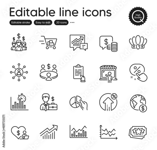 Set of Finance outline icons. Contains icons as Crown, Volunteer and Shopping cart elements. Global business, Infochart, Meeting web signs. Coins, Market seller, Loyalty points elements. Vector