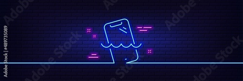 Neon light glow effect. Smartphone waterproof line icon. Phone sign. Mobile device symbol. 3d line neon glow icon. Brick wall banner. Smartphone waterproof outline. Vector