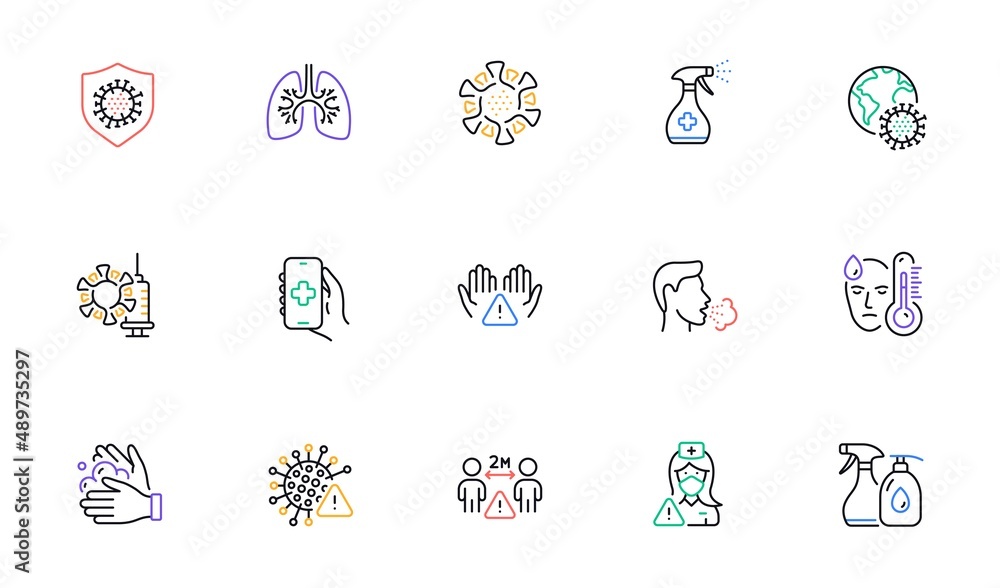 Coronavirus line icons. Medical Mask, Washing Hands, Corona Virus Symptoms. Social Distance, Hand Sanitizer, Face mask line icons. Covid-19 pandemic, Lung Disease, coronavirus hygiene. Vector