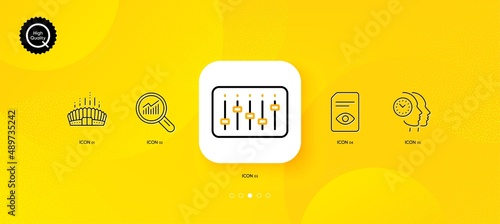 Time management, Dj controller and View document minimal line icons. Yellow abstract background. Arena stadium, Data analysis icons. For web, application, printing. Vector