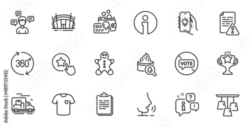 Outline set of Electric app, Victory and T-shirt line icons for web application. Talk, information, delivery truck outline icon. Include Gingerbread man, Stop voting, Inspect icons. Vector