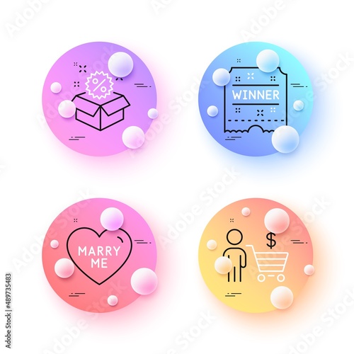 Sale, Marry me and Buyer minimal line icons. 3d spheres or balls buttons. Winner ticket icons. For web, application, printing. Discount, Wedding, Shopping cart. Carousels award. Vector