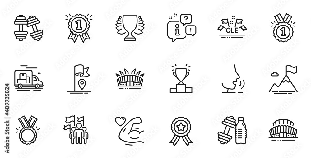 Outline set of Winner podium, Dumbbell and Sports stadium line icons for web application. Talk, information, delivery truck outline icon. Include Winner, Ole chant, Mountain flag icons. Vector