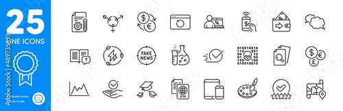 Outline icons set. Reward, Rating stars and Checkbox icons. Messenger, Green electricity, Throw hats web elements. Passport document, Approved, Documentation signs. Chemistry flask. Vector