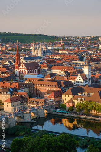 View from Marienberg Fortress with sunset over the river Main and the streets from Würzburg in Germany.
