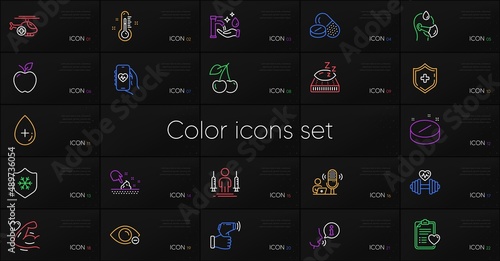 Set of Washing hands, Patient history and Medical shield line icons. Include Myopia, Sick man, Coronavirus injections icons. Electronic thermometer, Dumbbell, Thermometer web elements. Vector