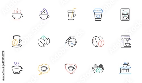 Coffee line icons. Beans, hot cocktail and coffee maker machine. Espresso cup, cappuccino with whipped cream line icons. Latte vending machine and roasted beans. Linear set. Vector