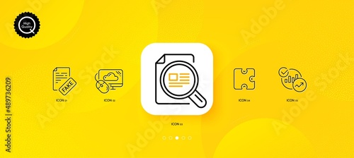 Check article, Puzzle and Cloud computing minimal line icons. Yellow abstract background. Fake news, Statistics icons. For web, application, printing. Vector
