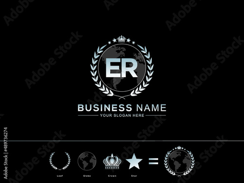 Colorful ER letter logo, circle Leaf Globe Royal Crown and Star Er re logo design