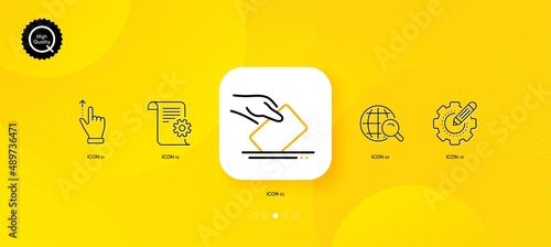 Internet search, Technical documentation and Voting ballot minimal line icons. Yellow abstract background. Settings gear, Touchscreen gesture icons. For web, application, printing. Vector