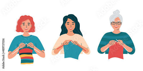Avatars of knitting young and senior women. Hobbies, needlework, handicraft, leisure, relaxation. Knitting needles, woolen cloth in hands. Set of isolated flat vector illustrations