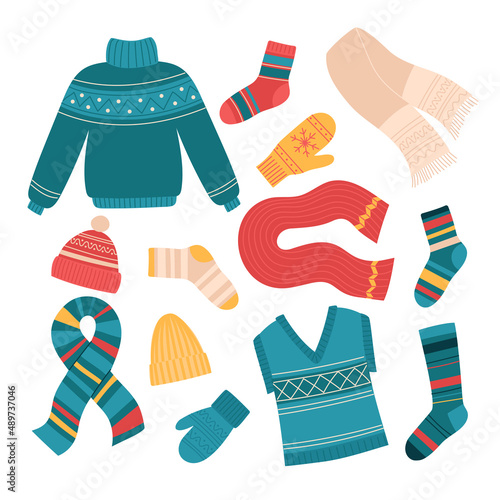 Knitted and crochet scarf, socks, mittens, sweater, hat, vest. Wool handmade clothes. Set of flat isolated vector illustrations