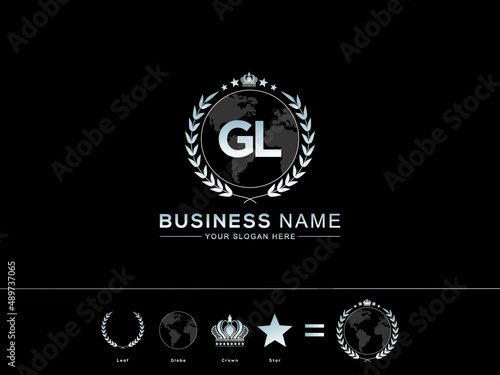 GL g&l Letter Logo, Abstract Initial gl Logo Image and circle Leaf Globe Royal Crown with Creative Star Design