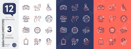 Set of Road, Baggage reclaim and Disability line icons. Include Pin, Parcel tracking, Paper plane icons. Flight time, Journey, Car web elements. Flight sale, Ship travel, Gps. Journey highway. Vector
