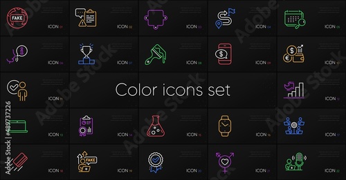Set of Fake news, Genders and Credit card line icons. Include Journey, Calendar, Currency rate icons. Winner podium, Laptop, Approved award web elements. Growth chart, Brush, Puzzle. Vector