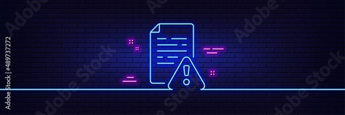 Neon light glow effect. Instruction manual line icon. Warning file sign. Caution alert symbol. 3d line neon glow icon. Brick wall banner. Instruction manual outline. Vector