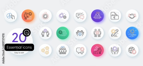 Employees benefits line icons. Bicolor outline web elements. Business strategy, handshake and people collaboration. Teamwork, social responsibility, people relationship icons. Vector