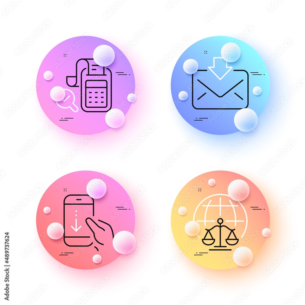 Magistrates court, Scroll down and Incoming mail minimal line icons. 3d spheres or balls buttons. Bill accounting icons. For web, application, printing. Vector Magistrates court, Scroll down and Incoming mail minimal line icons. 3d spheres or balls buttons. Bill accounting icons. For web, application, printing. Vector