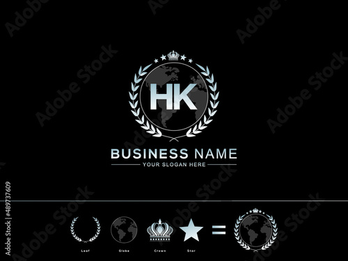 Simple HK Logo, Modern hk Letter Crown Logo Design Template Vector with circle Leaf Globe Royal Crown and Star Icon