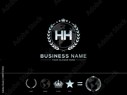 Simple HH Logo, Modern hh Letter Crown Logo Design Template Vector with circle Leaf Globe Royal Crown and Star Icon