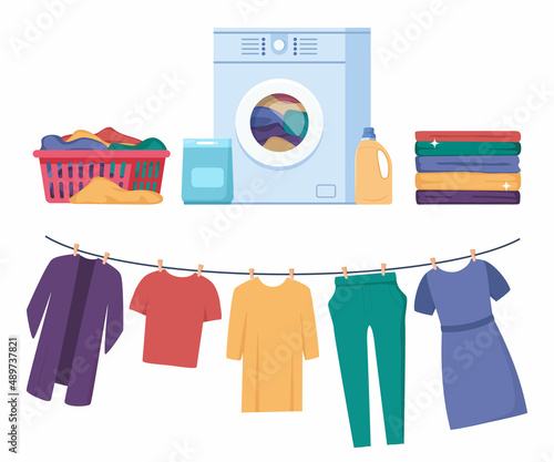 Laundry infographics with different stages of washing process. Washing clothes. Dirty linen, washing machine, pile of clean clothes. Clothes on clothesline. Vector illustration. photo