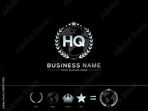 Simple HQ Logo, Modern hq Letter Crown Logo Design Template Vector with circle Leaf Globe Royal Crown and Star Icon