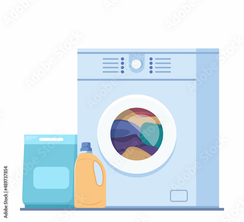 Washing machine with linen in it and cleaning products, washing powder and conditioner. Clothing wash vector concept illustration.