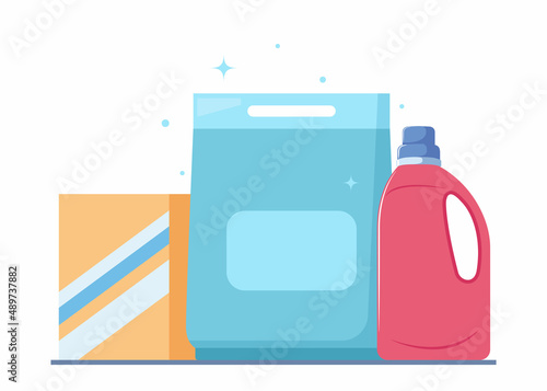 Washing powder, fabric softener gel, clothes washing products in various packaging, set. Plastic container with detergency liquid. Vector illustration.