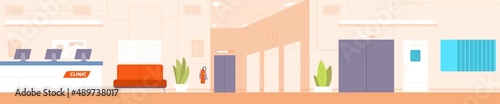Hospital hall interior. Clinic hallway interiror, empty corridor medical reception room, door in doctor office, counter workplace emergency healthcare, splendid vector illustration