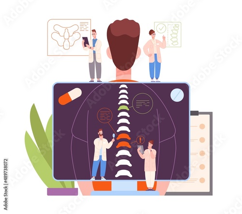 Treatment injuries spine. Spinal disease diagnostic, backache pain, doctor osteopathy chiropractor or physiotherapist, manual adjustment cervical bone, splendid vector illustration