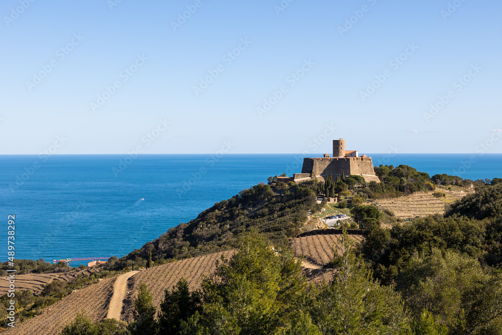 Vue sur le Fort Saint-Elme et la Côte Vermeille depuis les terres (Occitanie, France)
