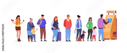ATM queue. People queueing salary in bank machine, standing crowd line, withdraw card turning digital payment in cash, transaction money deposit, cartoon garish vector illustration