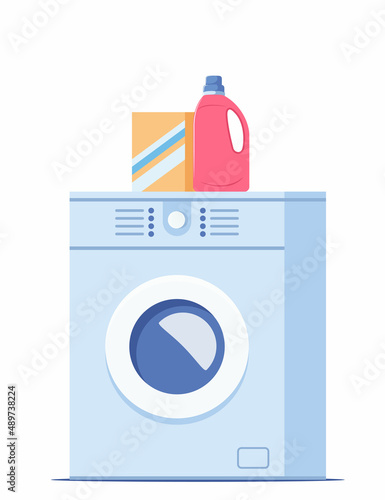 Washing machine with linen in it and cleaning products, washing powder and fabric softener gel, conditioner. Clothing wash vector concept illustration.