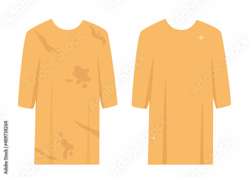 Dirty untidy women's blouse with stains and neat clean blouse. Fresh cotton clothes with removed mud. Soiled and tidy washed garment. Washing clothes concept. Vector illustration.