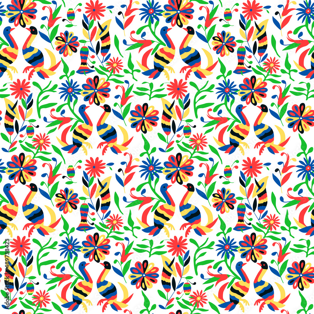 Seamless pattern in Mexican Otomi embroidery style. Bright flowers and birds on a white background.